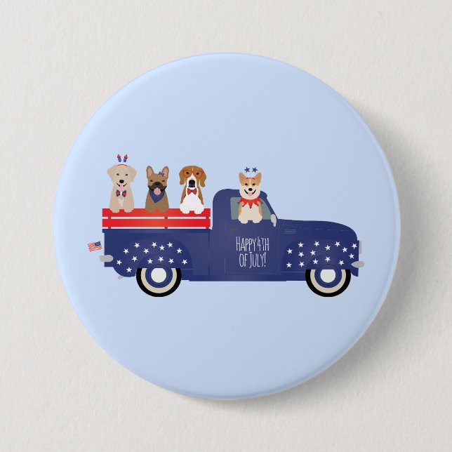 Macaron Rond 7,6 Cm Joyeux 4 Juillet Chiens Pickup Camion (Devant)