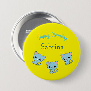 Macaron Rond 7,6 Cm Joyeux anniversaire mignon chatons bleu bondissant