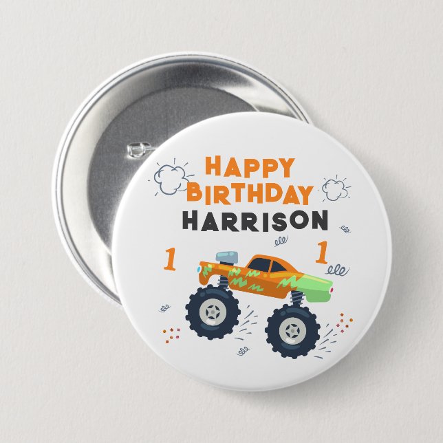 Macaron Rond 7,6 Cm Joyeux Anniversaire Moderne Monster Car Trucks Nom (Devant & derrière)