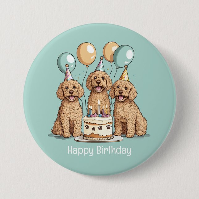 Macaron Rond 7,6 Cm Joyeux Chiens Goldendoodle Anniversaire (Devant)