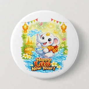 Macaron Rond 7,6 Cm Joyeux Nouvel An lao – Éléphant Blanc Mignon Pi Ma
