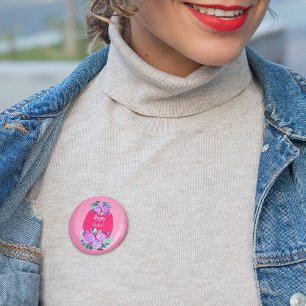 Macaron Rond 7,6 Cm Joyeux oeuf rose fleuri à l'aquarelle de Pâques