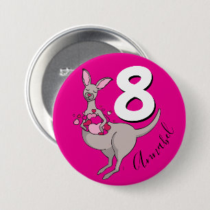 Macaron Rond 7,6 Cm Kangaroo filles 8e anniversaire nom bouton rose