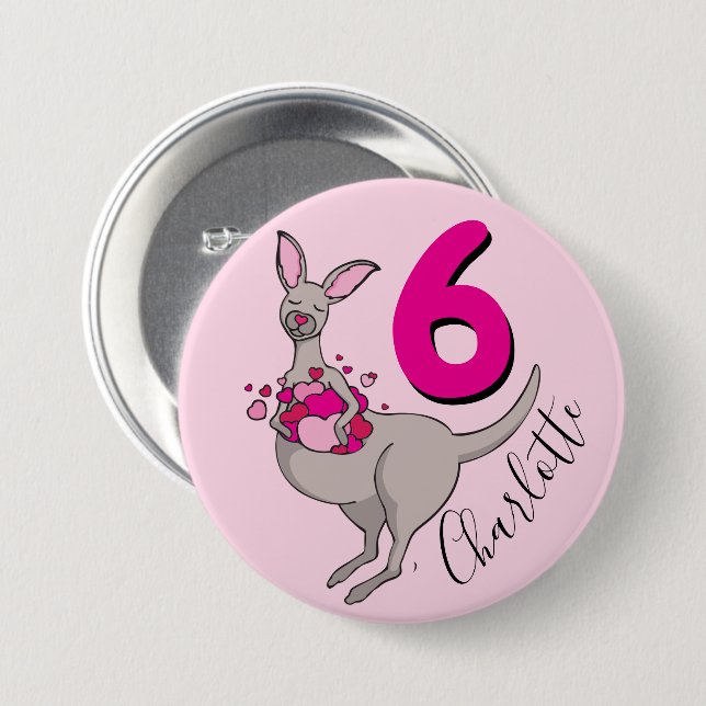 Macaron Rond 7,6 Cm Kangaroo girls 6e anniversaire nom bouton rose (Devant & derrière)