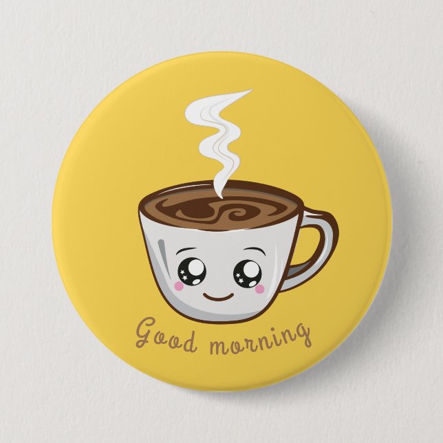Macaron Rond 7,6 Cm Kawaii Cup of coffee, tea| Bonjour (Devant)