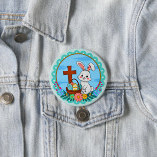 Macaron Rond 7,6 Cm Lapin de Pâques religieux avec croix et œuf floral