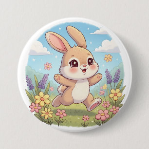 Macaron Rond 7,6 Cm Lapin mignon sautant dans un champ de fleurs