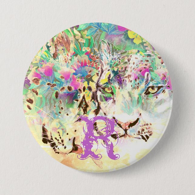 Macaron Rond 7,6 Cm Léopard des neiges fleurs tropicales animal hawaïe (Devant)
