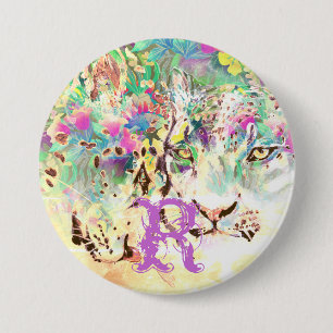 Macaron Rond 7,6 Cm Léopard des neiges fleurs tropicales animal hawaïe