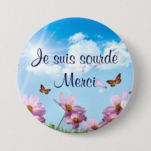 Macaron Rond 7,6 Cm les papillons.png, Je suis sourde Merci (Devant)