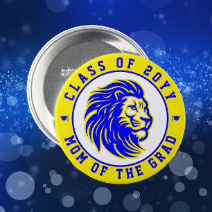 Macaron Rond 7,6 Cm Lions Jaune et Bleu Mère du Diplômé