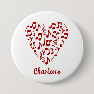 Macaron Rond 7,6 Cm Love Music Heart of Red Music Notes avec nom