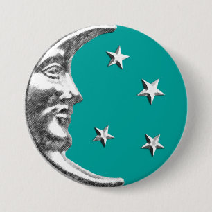 Macaron Rond 7,6 Cm Lune et étoiles d'art déco - turquoise et argent