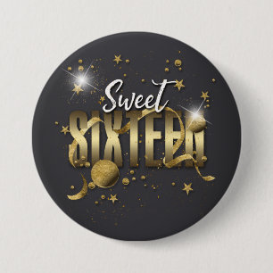Macaron Rond 7,6 Cm Lune et étoiles Sweet 16 Gold/Blk ID788