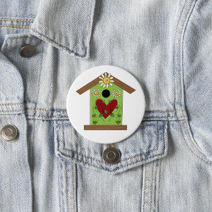 Macaron Rond 7,6 Cm Maison d'oiseaux verte avec coeur et marguerites