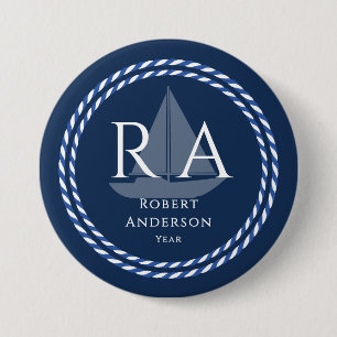 Macaron Rond 7,6 Cm Marine Monogramme de corde marine