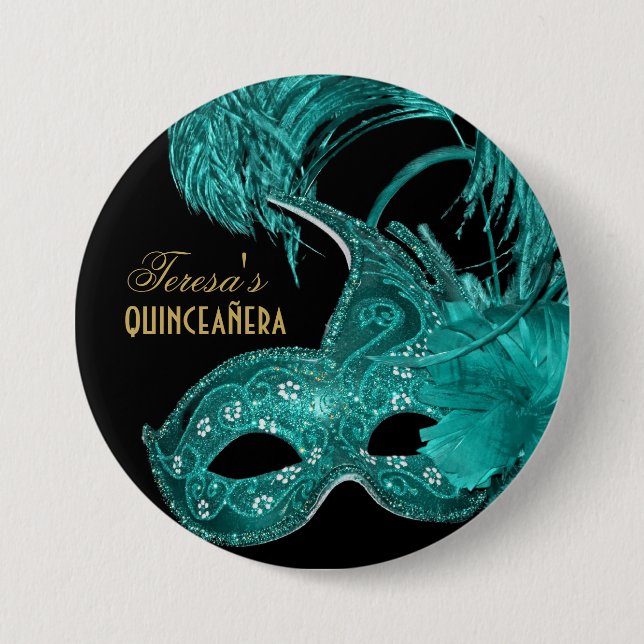 Macaron Rond 7,6 Cm Mascarade quinceañera anniversaire masque turquois (Devant)