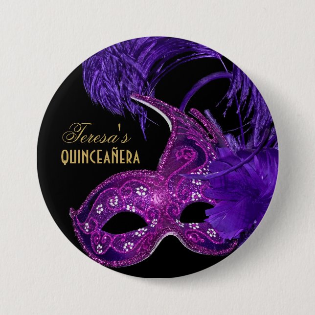 Macaron Rond 7,6 Cm Masquerade quinceañera anniversaire rose, masque v (Devant)