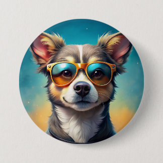 Macaron Rond 7,6 Cm Mignonne chien portant lunettes de soleil - Bouton
