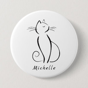 Macaron Rond 7,6 Cm Mini chat noir sur blanc ajouter nom