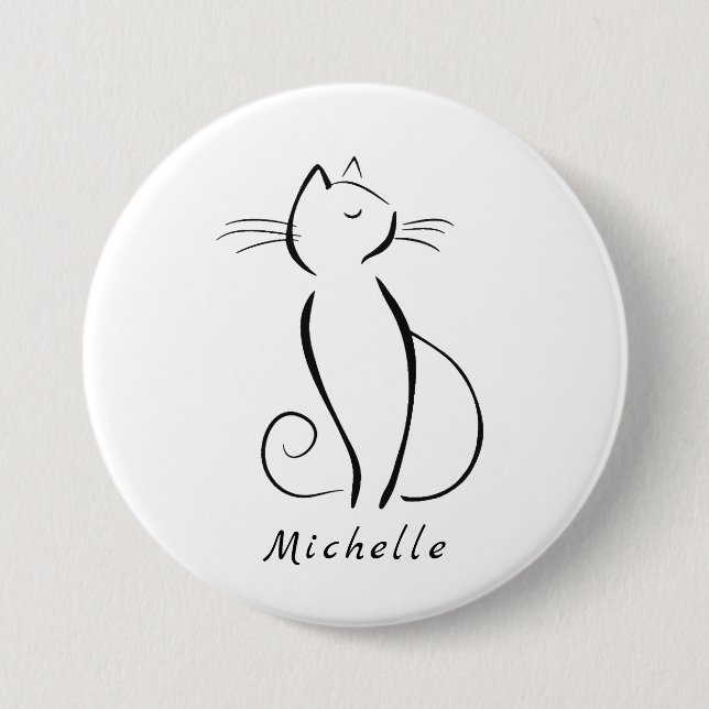 Macaron Rond 7,6 Cm Mini chat noir sur blanc nom d'ajout (Devant)