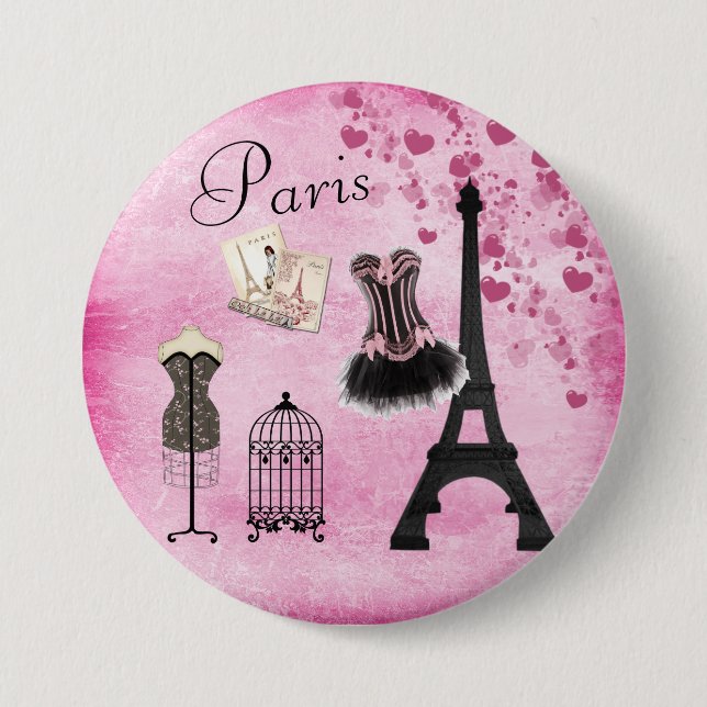 Macaron Rond 7,6 Cm Mode Tour Eiffel rose chic (Devant)
