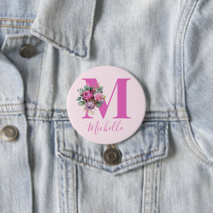 Macaron Rond 7,6 Cm Monogramme Initial Nom Fleurs Aquarelle Rose