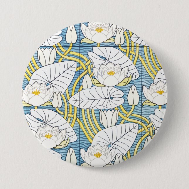 Macaron Rond 7,6 Cm Motif Art Nouveau de nénuphar vert sauge (Devant)
