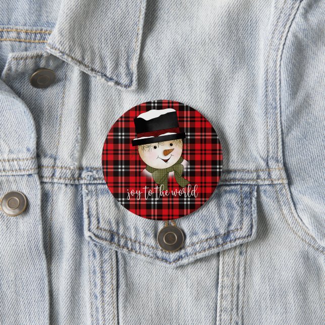 Macaron Rond 7,6 Cm Noël Fêtes Rouge et Noir Tartan Snowman (En situation)