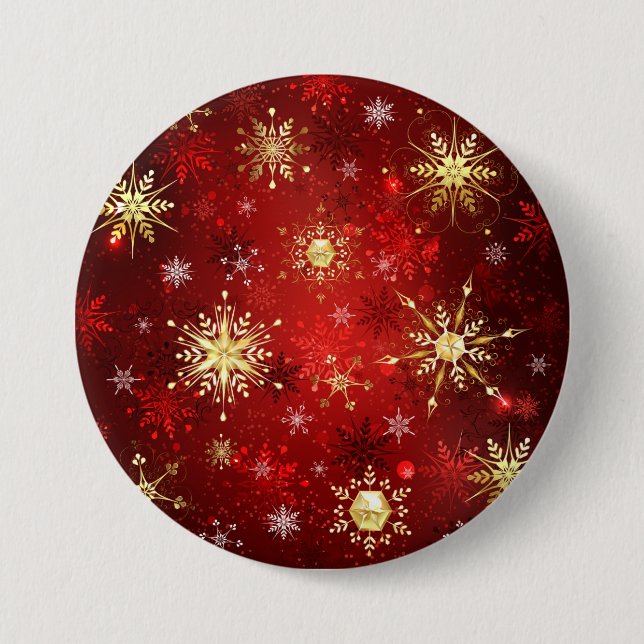 Macaron Rond 7,6 Cm Noël Golden Snowflakes sur Arrière - plan rouge (Devant)