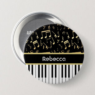 Macaron Rond 7,6 Cm Notes musicales et touches de piano Noir et Or