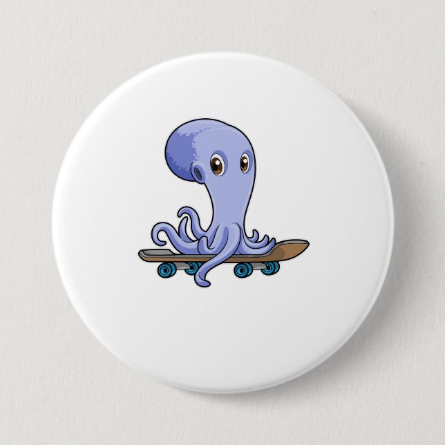 Macaron Rond 7,6 Cm Octopus comme patineur avec skateboard (Devant)