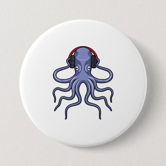 Macaron Rond 7,6 Cm Octopus en musique avec casque (Devant)