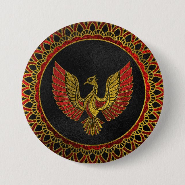 Macaron Rond 7,6 Cm Or et symbole décoré rouge d'oiseau de Phoenix (Devant)