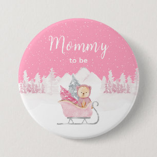 Macaron Rond 7,6 Cm Ourse d'hiver Maman future rose Sleigh