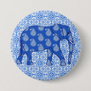 Macaron Rond 7,6 Cm Paisley éléphant - bleu cobalt et blanc
