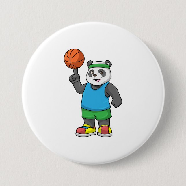 Macaron Rond 7,6 Cm Panda aux sports avec basket-ball (Devant)