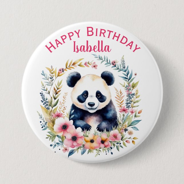 Macaron Rond 7,6 Cm Panda Bear in Flowers Fille Anniversaire Personnal (Devant)