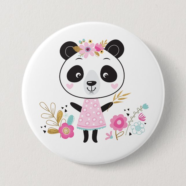 Macaron Rond 7,6 Cm Panda rose mignonne fille (Devant)