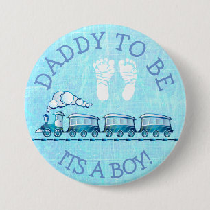 Macaron Rond 7,6 Cm Papa à être, bouton bleu de baby shower de train