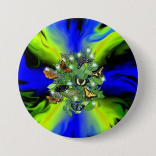 Macaron Rond 7,6 Cm Papillon sur bleu vert arc-en-ciel avec étoiles, g