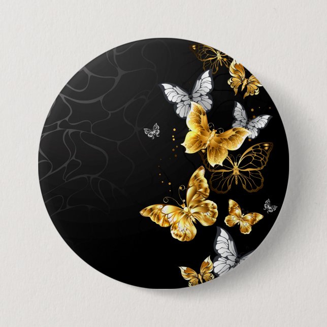Macaron Rond 7,6 Cm Papillons dorés et blancs (Devant)
