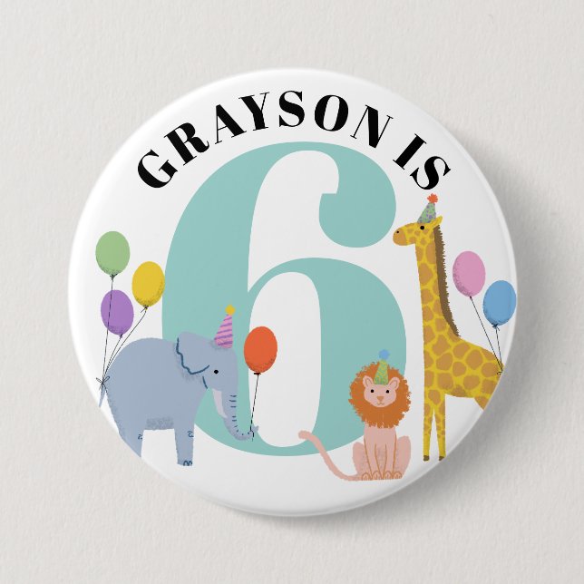 Macaron Rond 7,6 Cm Pastel Safari Animaux Anniversaire Nom et âge (Devant)