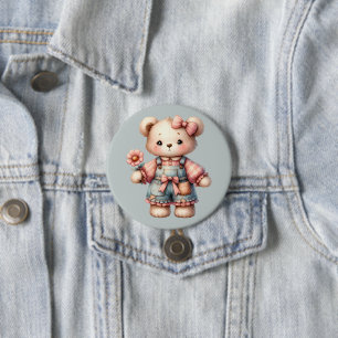 Macaron Rond 7,6 Cm Pastel Teddy Bear Holding Flower Wear Overalls