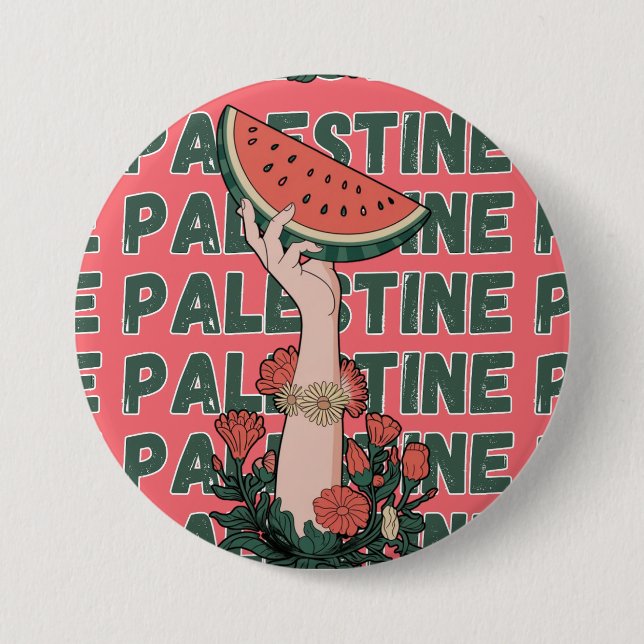 Macaron Rond 7,6 Cm pastèque, fleurs et palestine Texte Répéter (Devant)