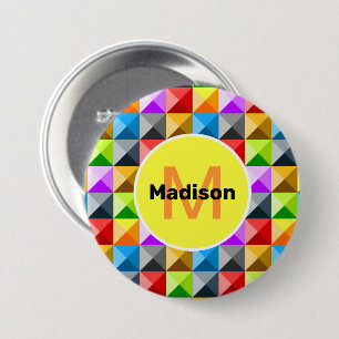 Macaron Rond 7,6 Cm Patchwork motif géométrique coloré Monogramme