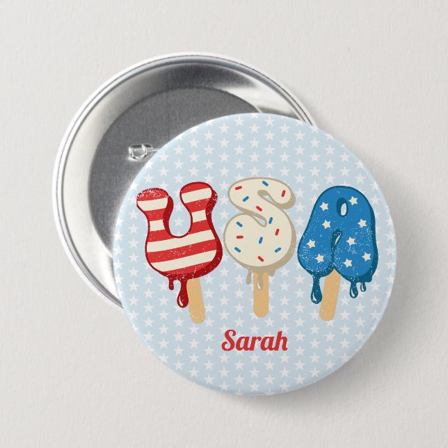 Macaron Rond 7,6 Cm Patriotique USA Love Popsicle  (Devant & derrière)