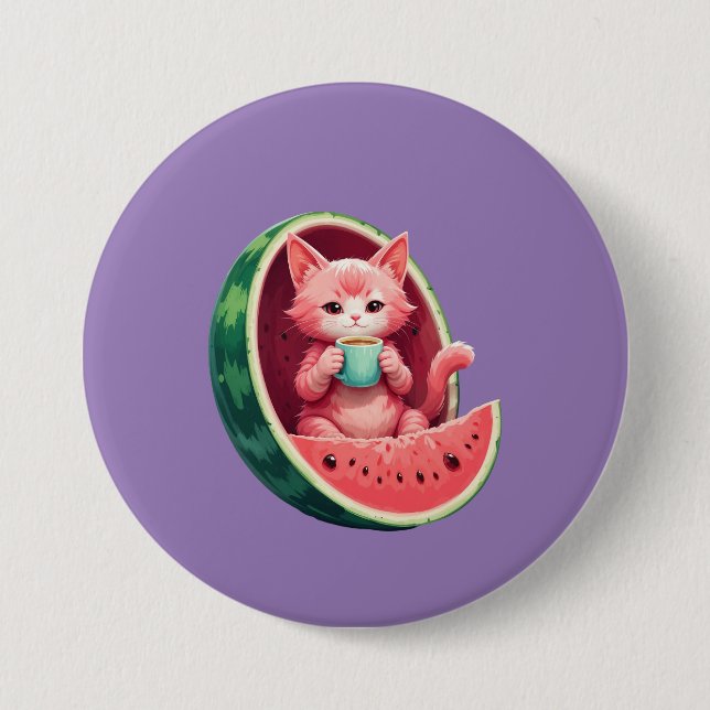 Macaron Rond 7,6 Cm Pause café Chat Pastèque (Devant)