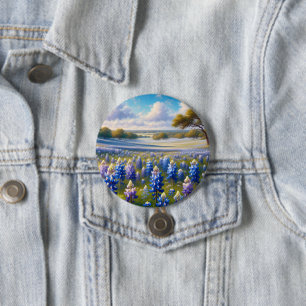 Macaron Rond 7,6 Cm Paysage de prairie aux bleuets du Texas