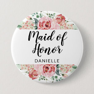 Macaron Rond 7,6 Cm Peach Watercolor Floral Maid of Honor Monogrammé